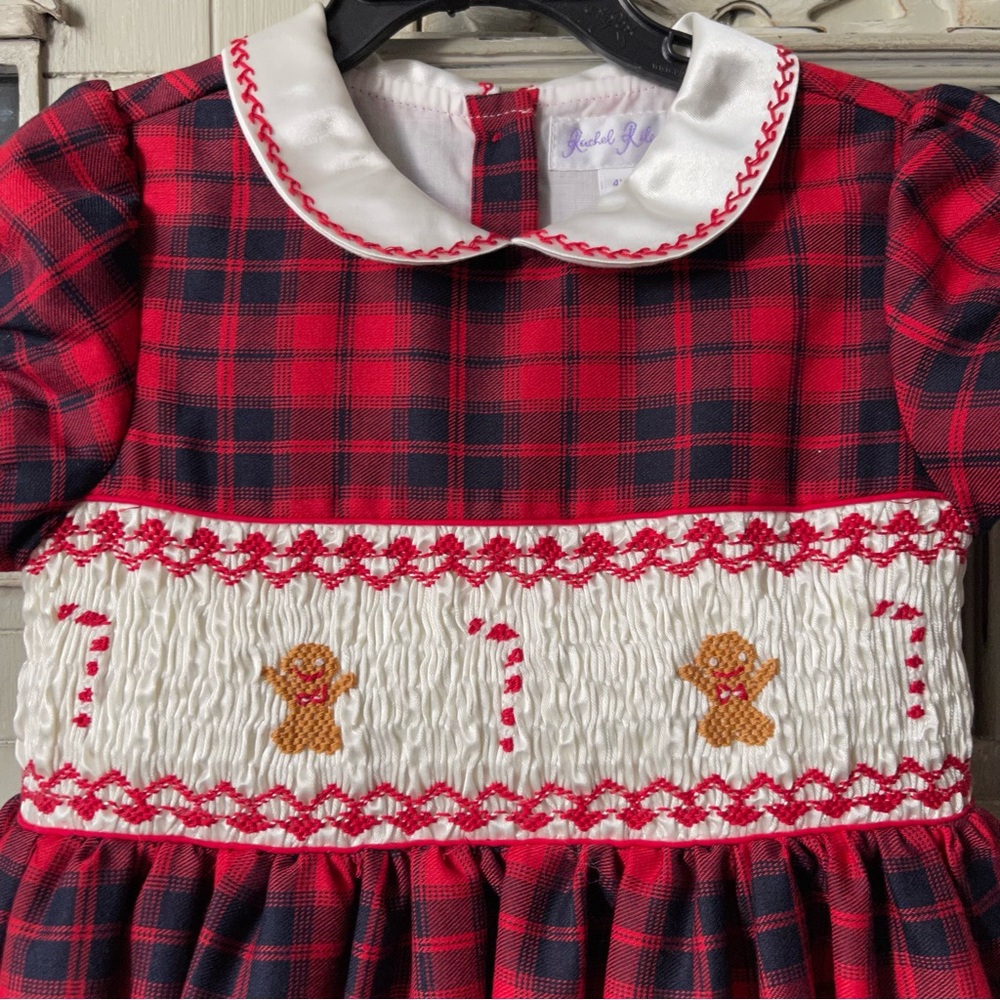 Rachel Riley Girls Gingerbread Tartan Puff Sleeve Smocked Holiday Dress, Red - Picture 8 of 15